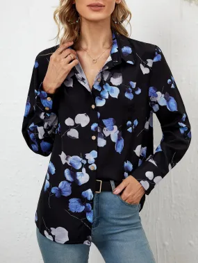 Elegant Plants Button Front Long Sleeve Collar Regular Blouse