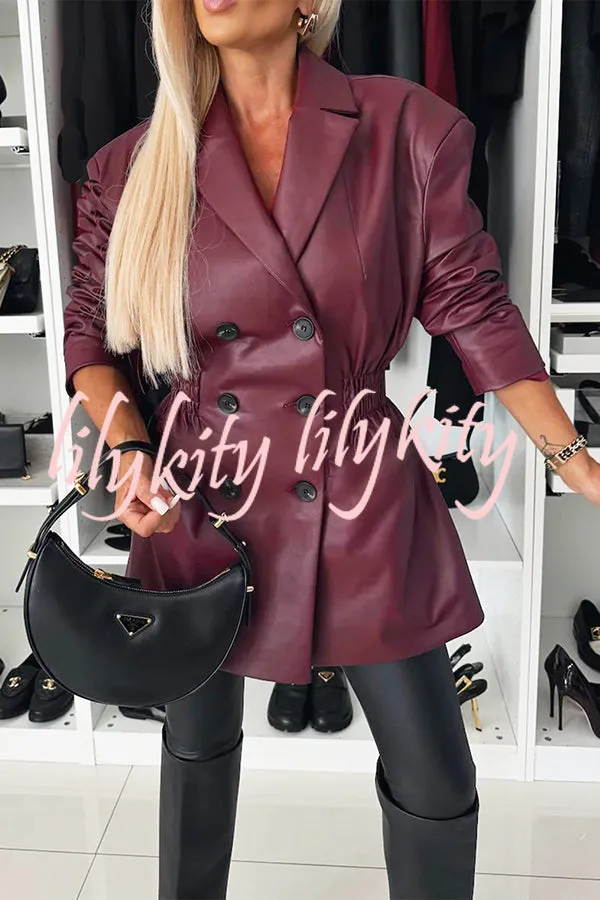 Fashionable Items Faux Leather Button Up Elastic Waistband Lapel Blazer