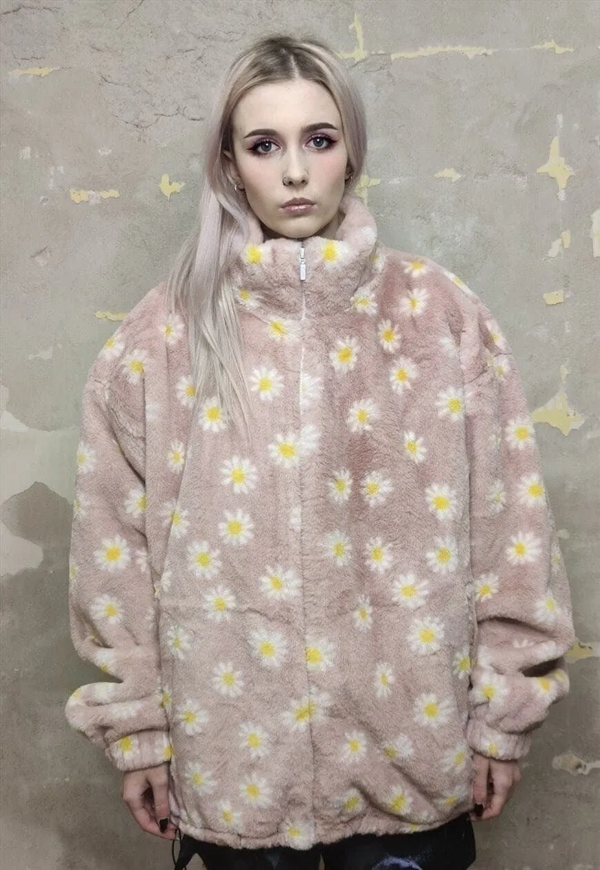 Floral fleece bomber handmade fluffy 70s daisy jacket pink