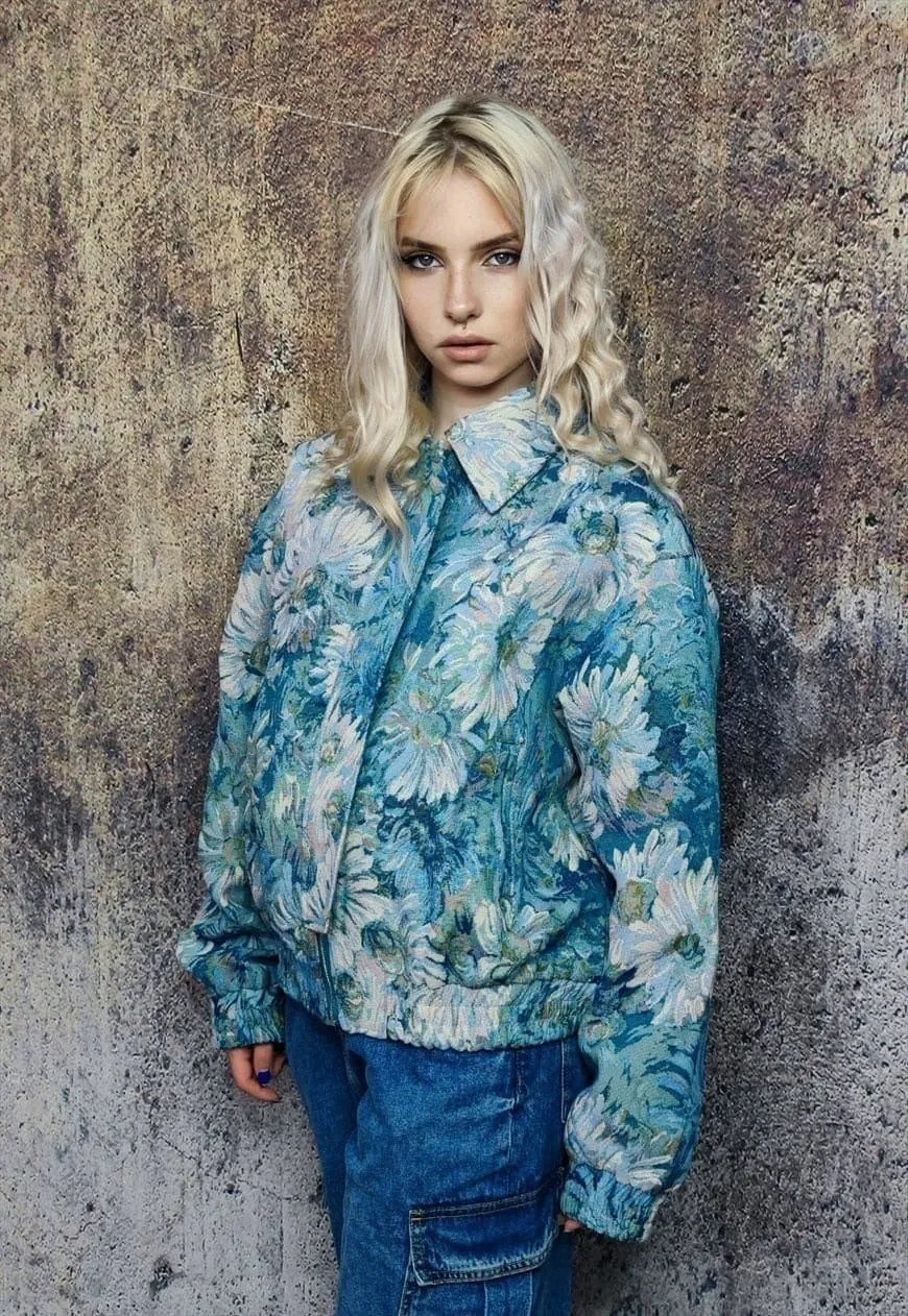 Floral print denim jacket shoulder padded crop jean bomber