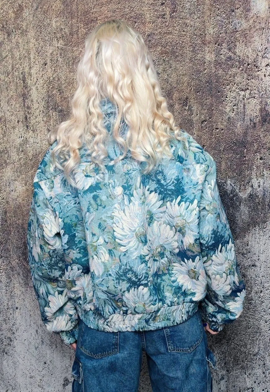 Floral print denim jacket shoulder padded crop jean bomber