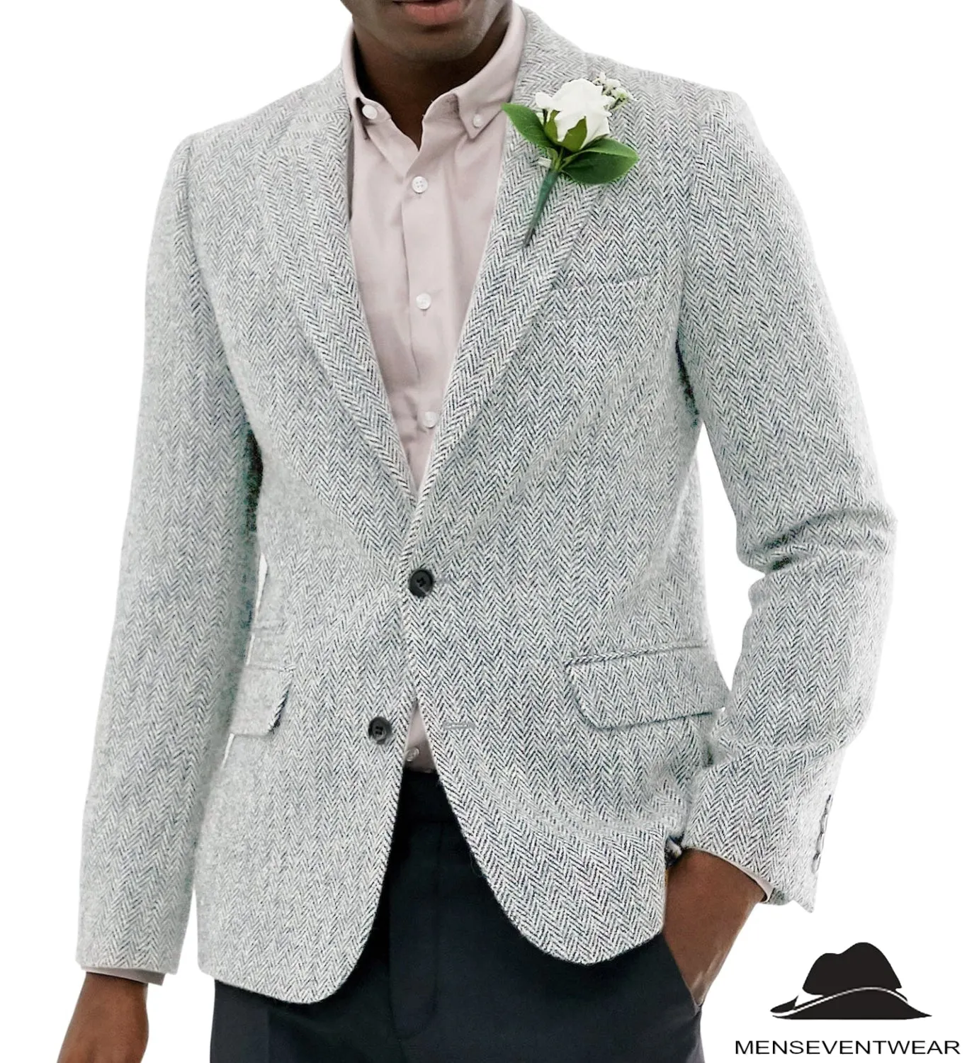 Formal Men's Wool Herringbone Notch Lapel Blazer