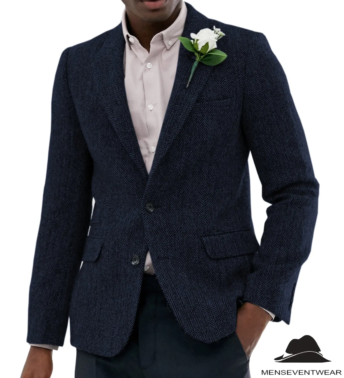 Formal Men's Wool Herringbone Notch Lapel Blazer