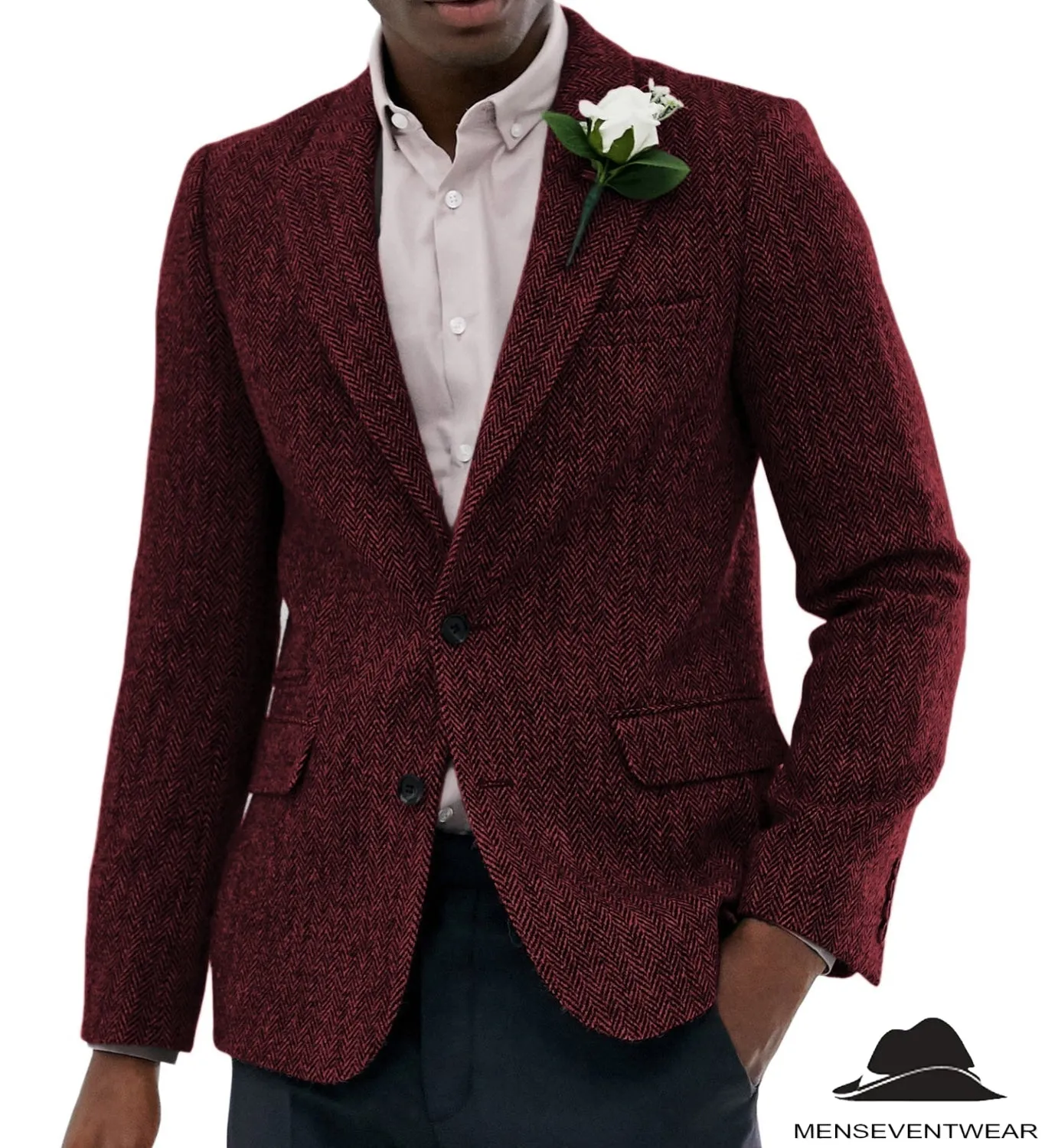 Formal Men's Wool Herringbone Notch Lapel Blazer