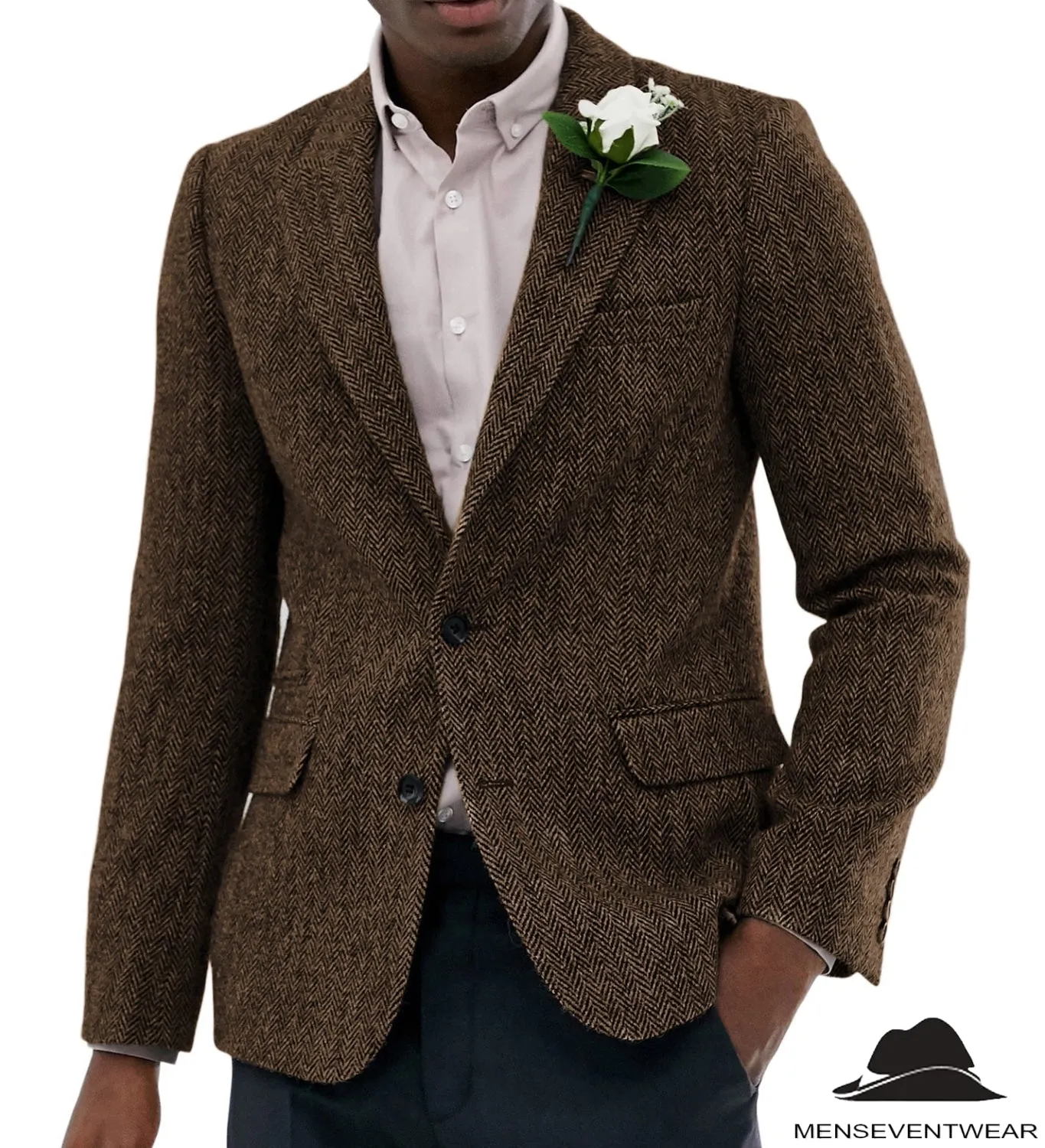 Formal Men's Wool Herringbone Notch Lapel Blazer