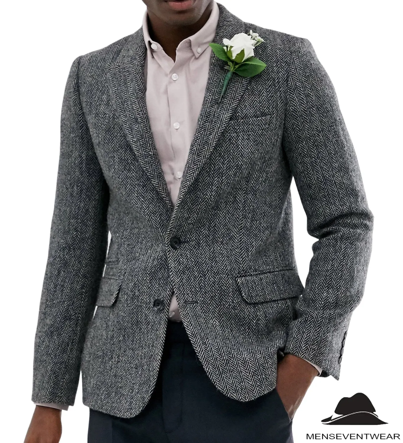 Formal Men's Wool Herringbone Notch Lapel Blazer