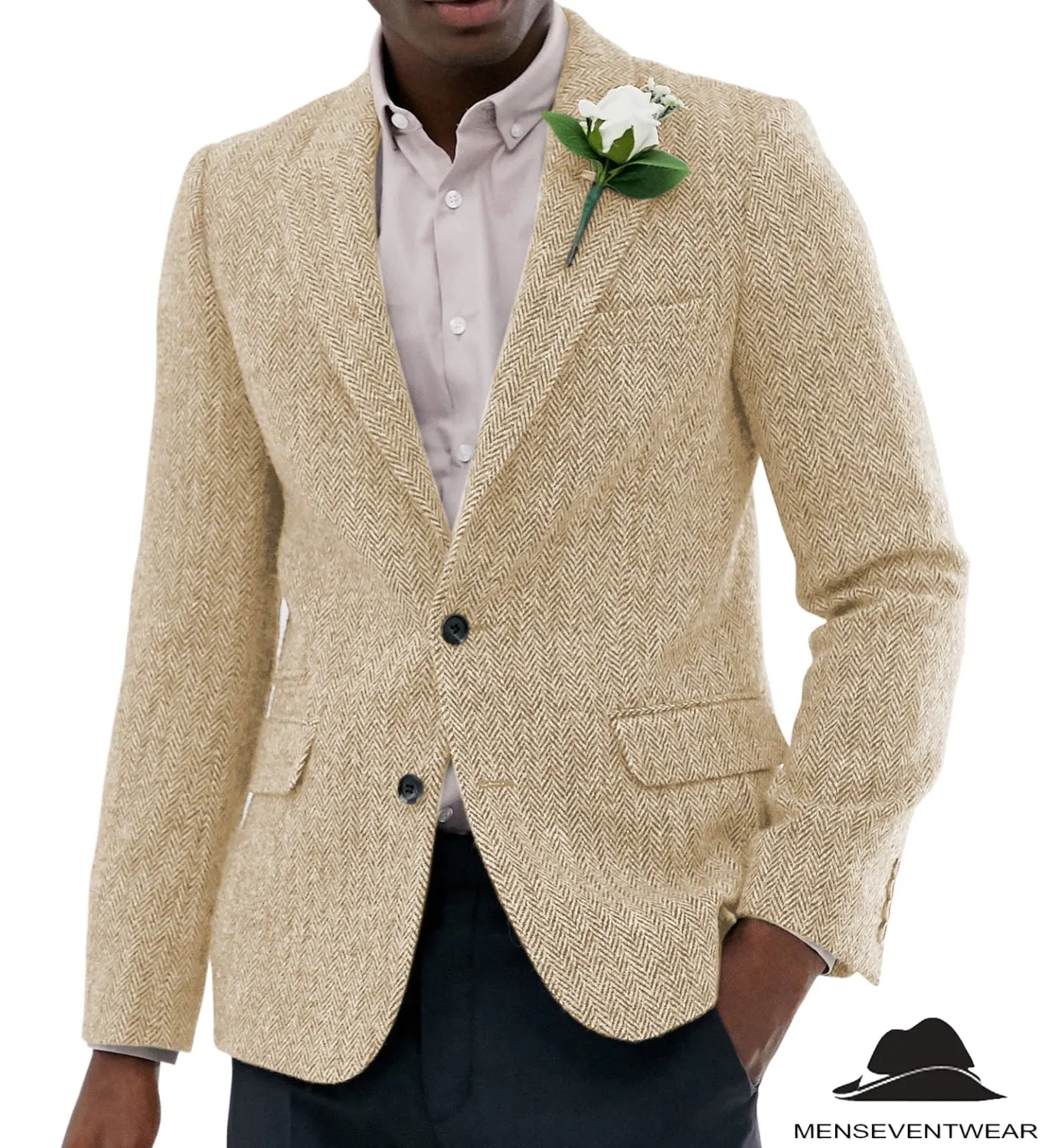 Formal Men's Wool Herringbone Notch Lapel Blazer