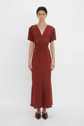 Gathered V-Neck Midi Dress In Russet