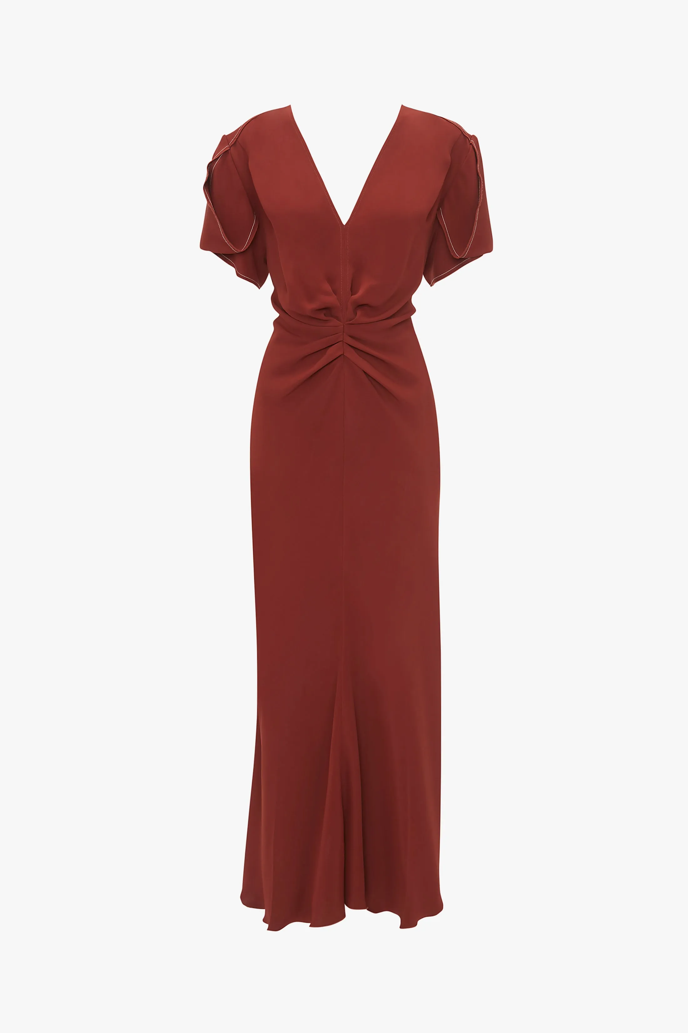 Gathered V-Neck Midi Dress In Russet