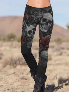 Gothic Skull Rose Printed Slim Fit Pants