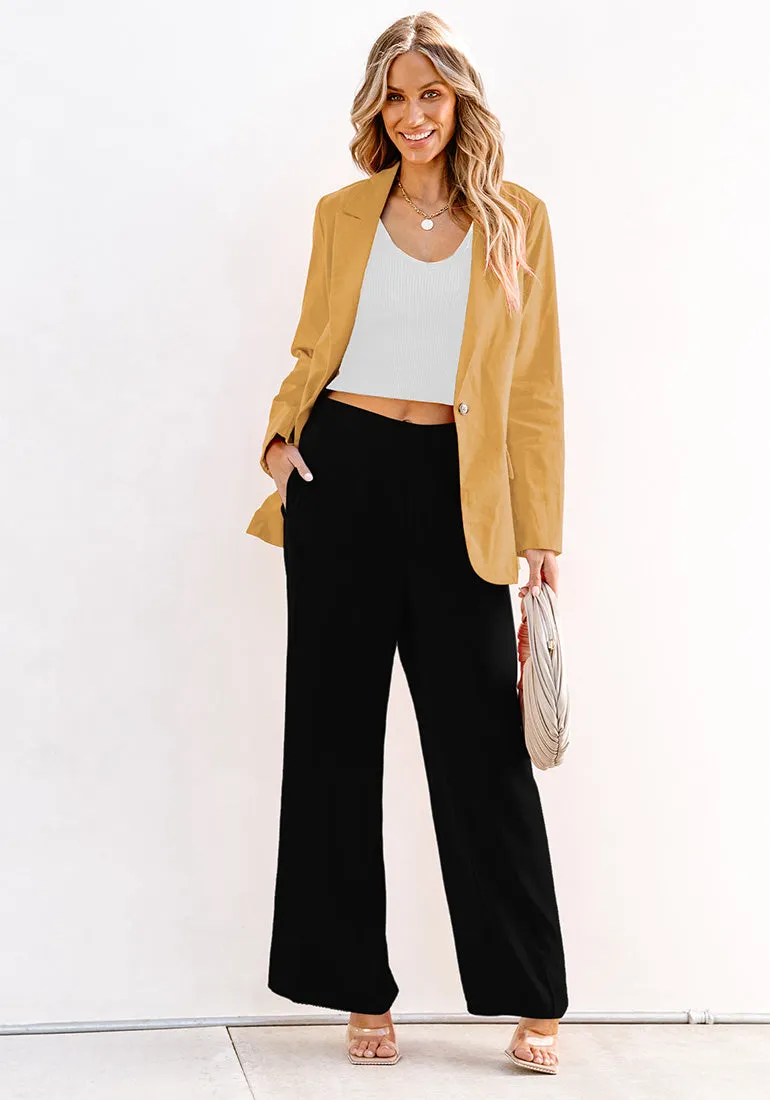 Honey Yellow Women's Business Casual Pocket Notched Lapels Blazer Long Rolled Up Sleeve Blazer