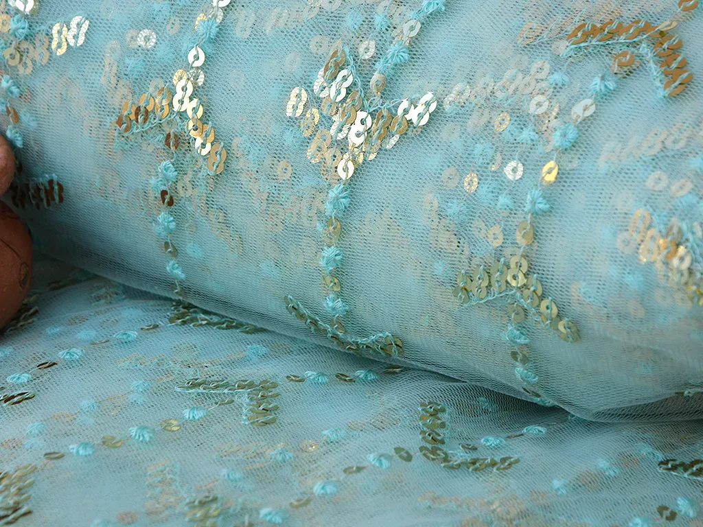 Light Aqua Blue Traditional Thread & Sequins Embroidered Net Fabric