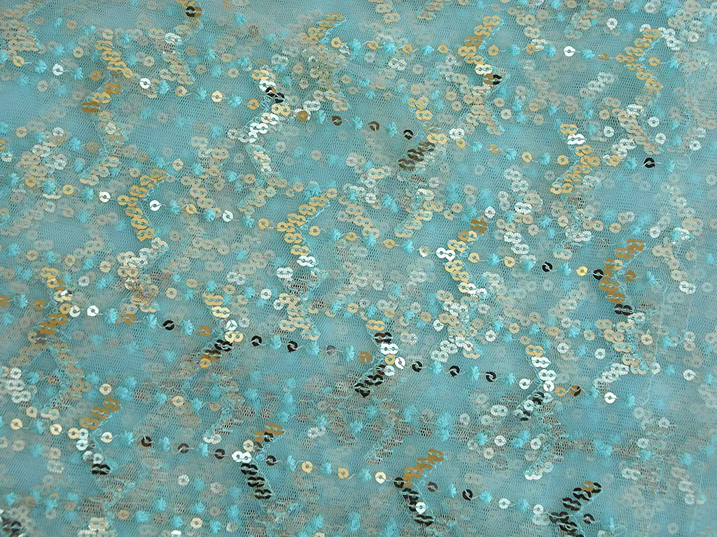 Light Aqua Blue Traditional Thread & Sequins Embroidered Net Fabric