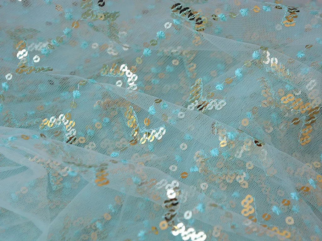 Light Aqua Blue Traditional Thread & Sequins Embroidered Net Fabric