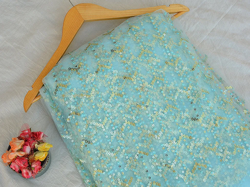 Light Aqua Blue Traditional Thread & Sequins Embroidered Net Fabric