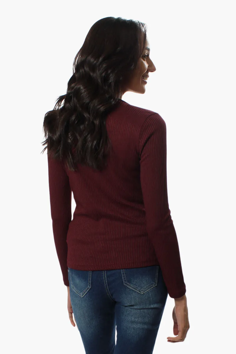 Magazine Ribbed Front Twist Long Sleeve Top - Burgundy