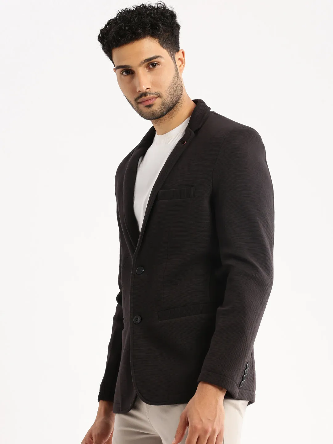 Men Charcoal Solid Notched Lapel Blazer