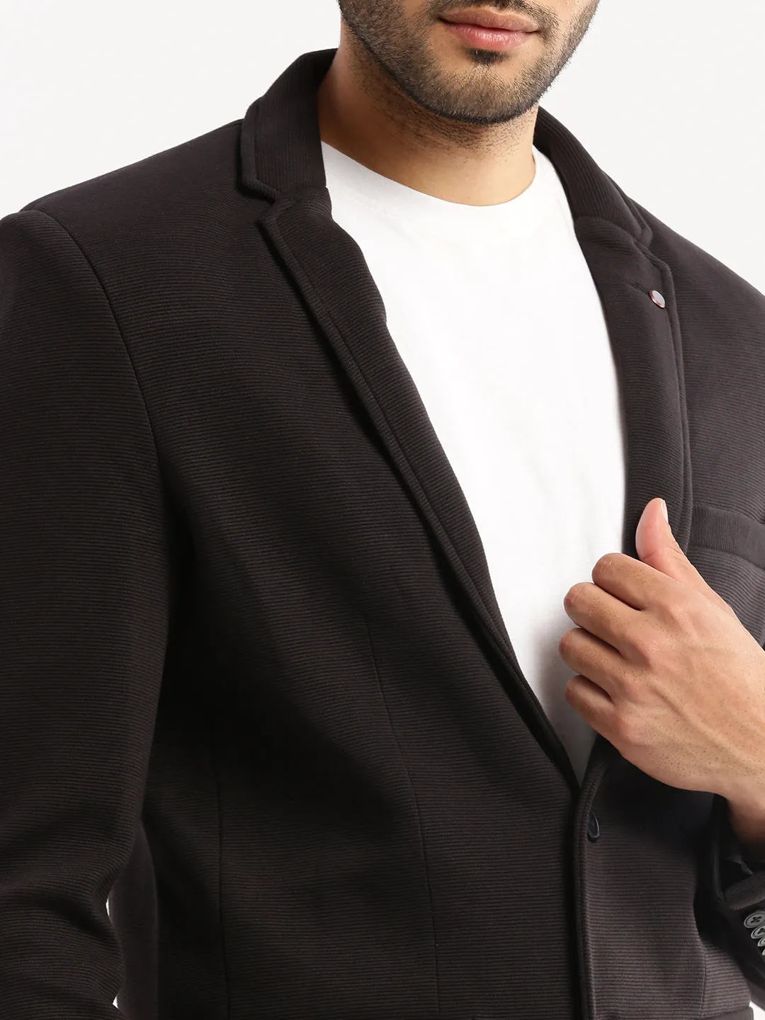 Men Charcoal Solid Notched Lapel Blazer