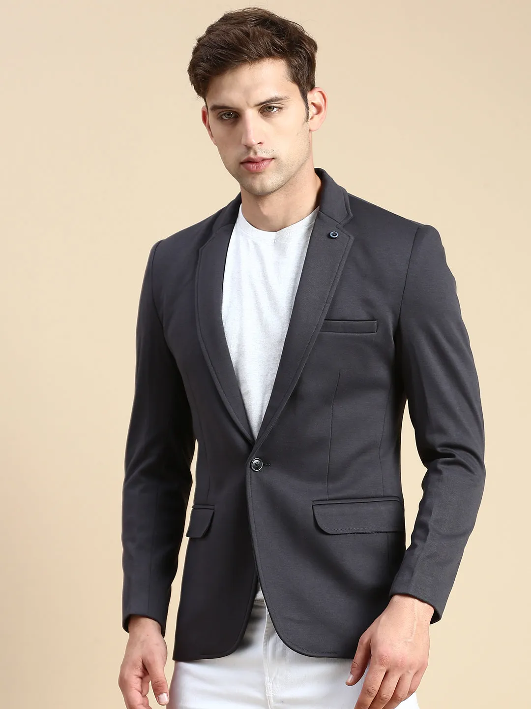 Men Grey Solid Casual Blazer