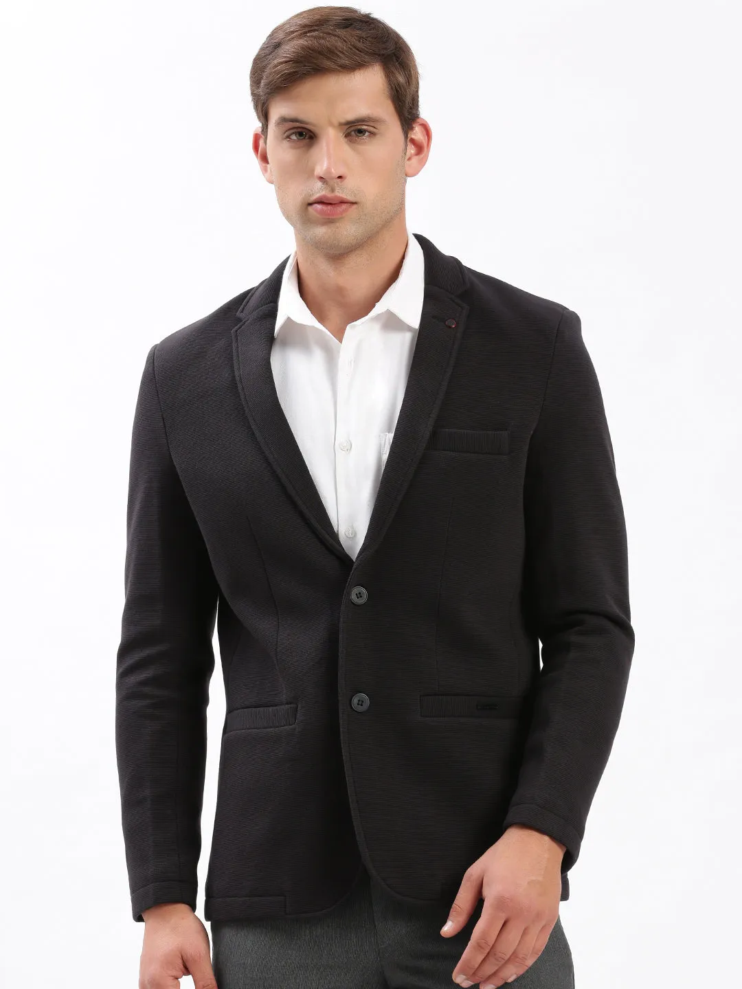 Men Notched Lapel Solid Black Blazer