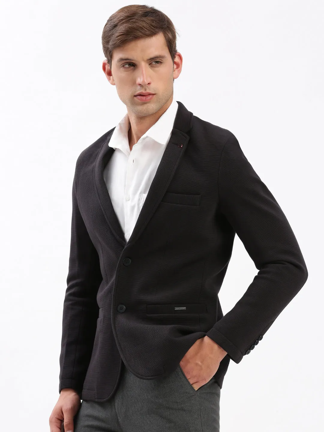 Men Notched Lapel Solid Black Blazer