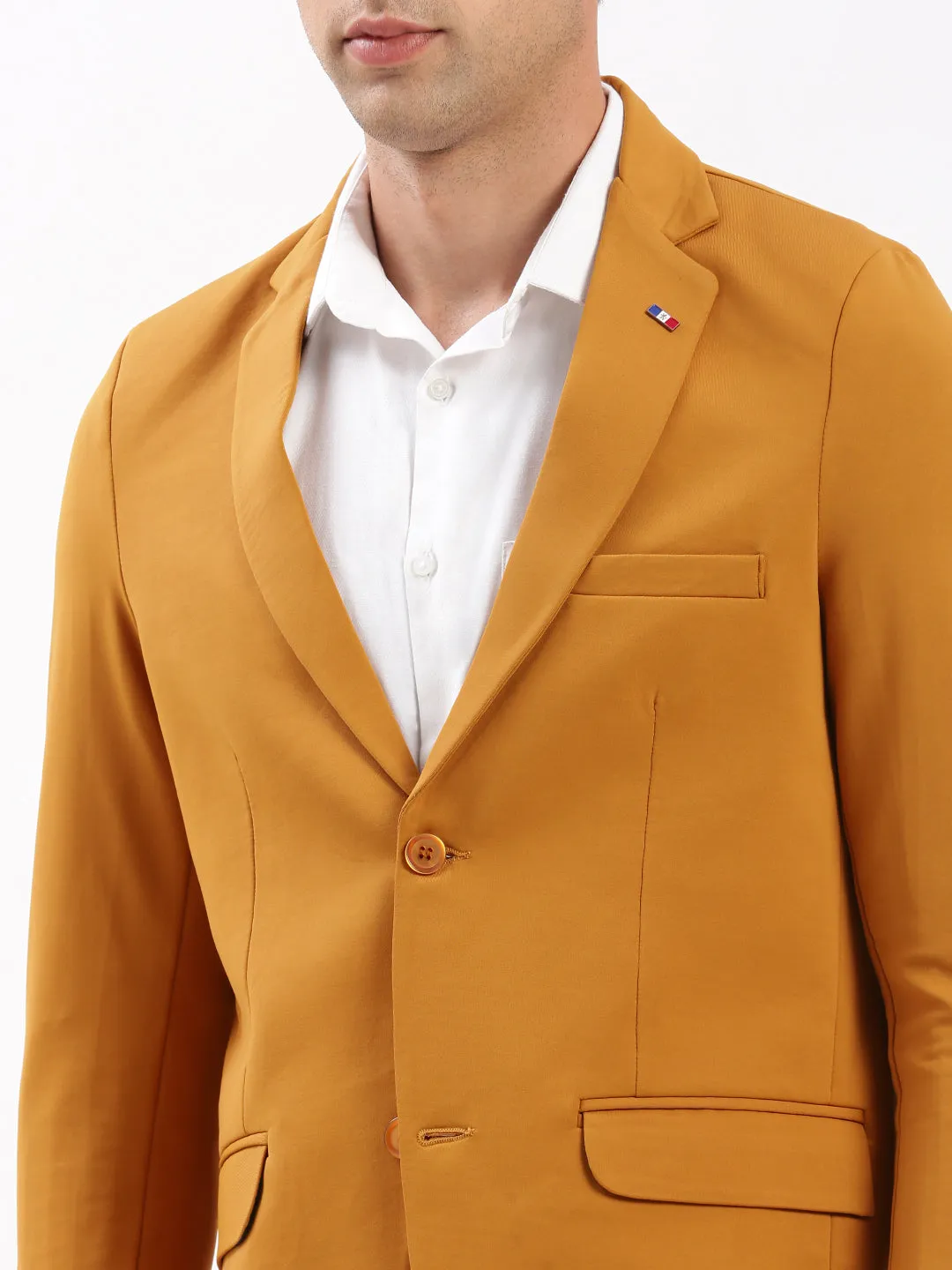 Men Notched Lapel Solid Mustard Blazer