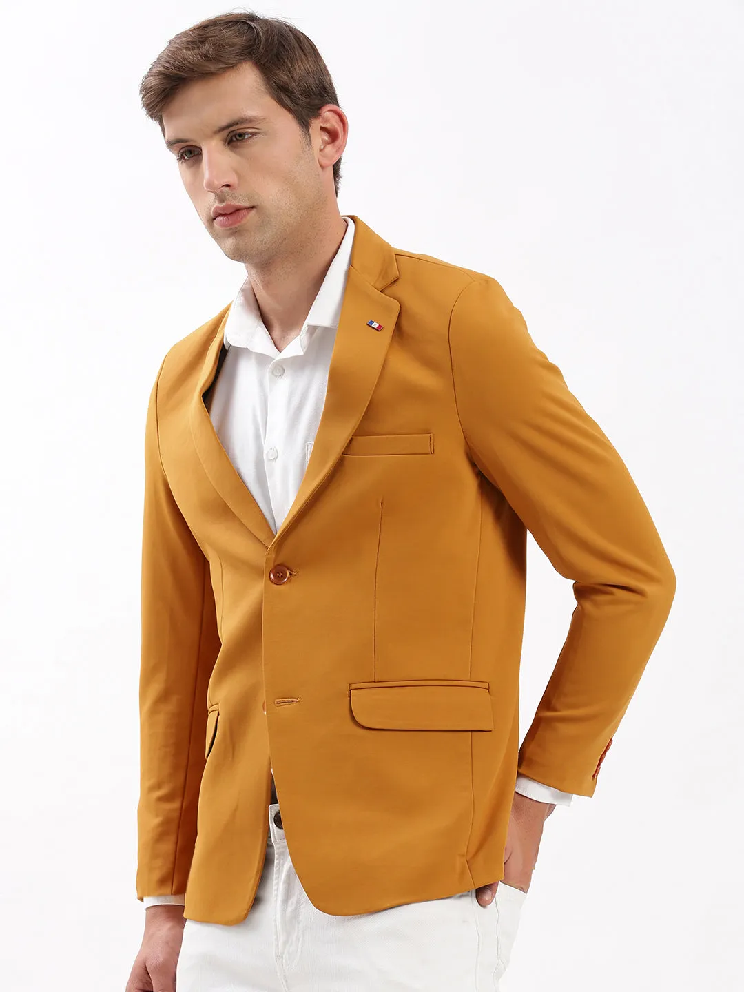 Men Notched Lapel Solid Mustard Blazer