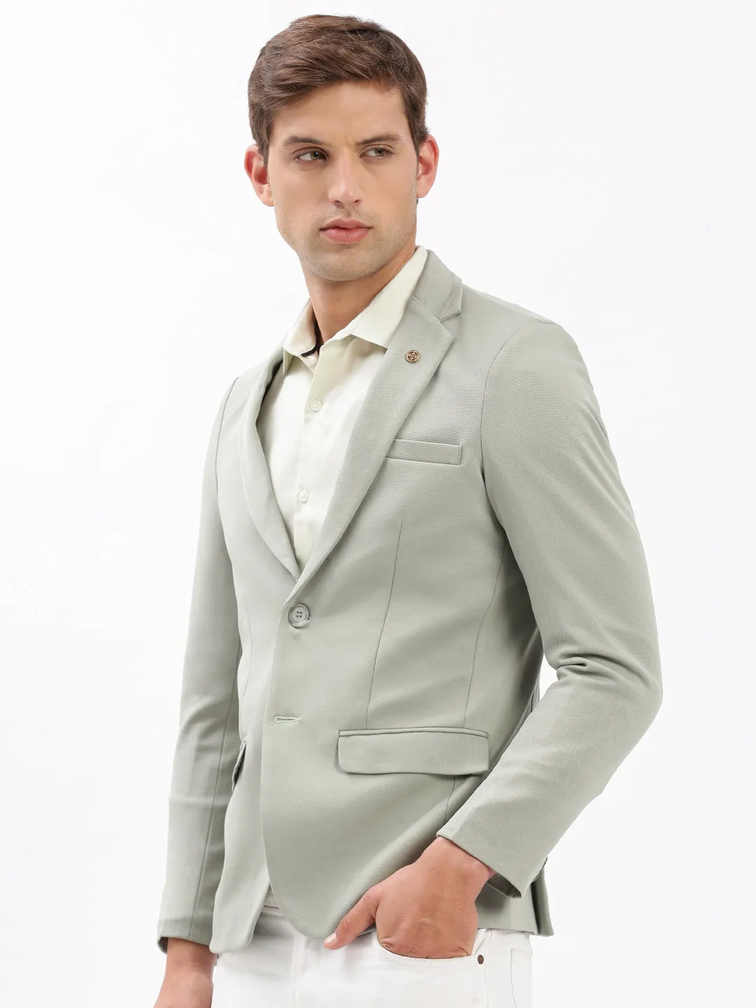 Men Notched Lapel Solid Olive Blazer