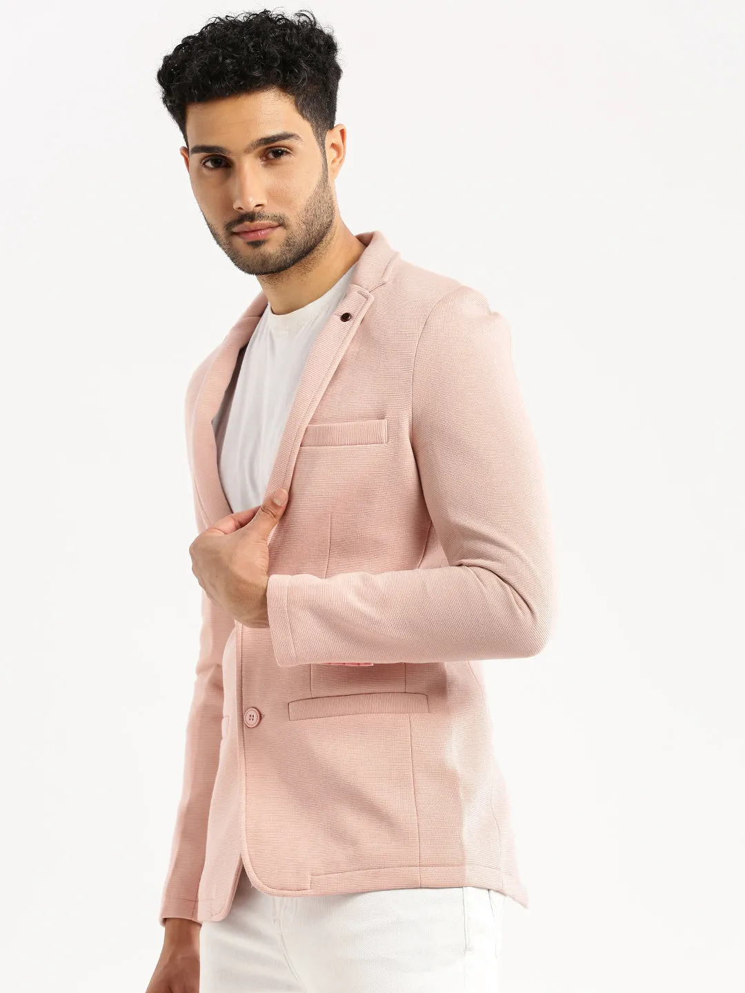 Men Peach Solid Notched Lapel Blazer