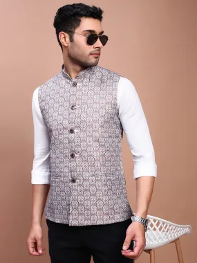 Men Printed Brown Slim Fit Nehru Jacket