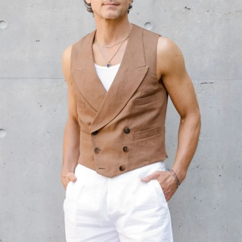 Men's Classic Casual Slim Fit Linen Double Breasted Vest 10814404K