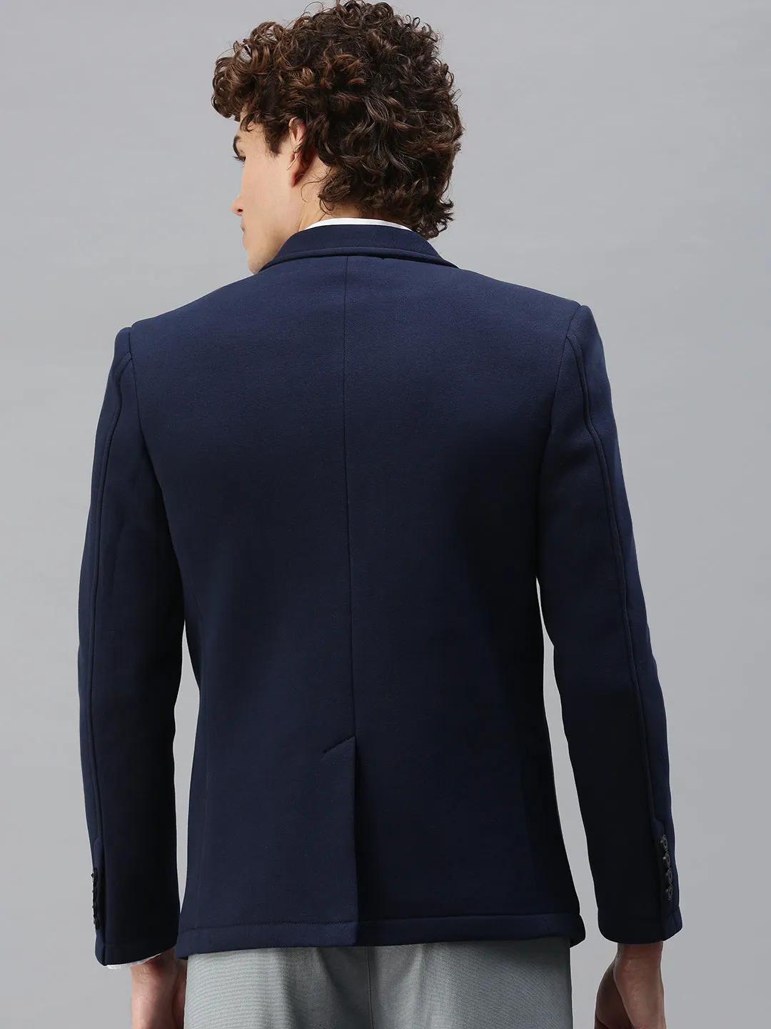 Men's Solid Navy Blue Single Breasted Blazer