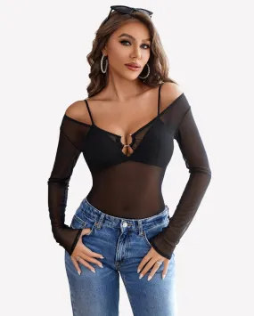 Mesh Long Sleeve Blouses Top