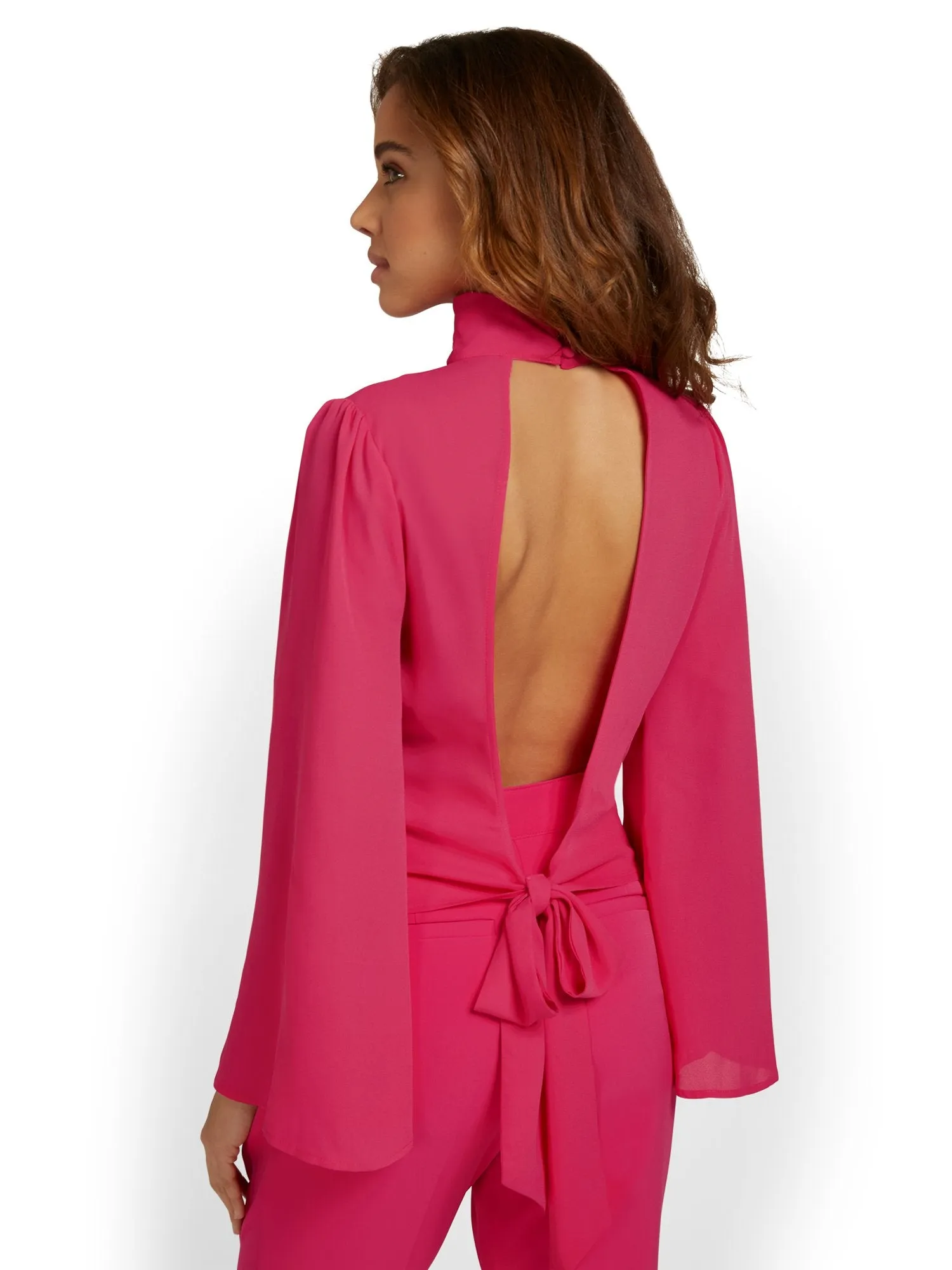 Mock-Neck Open-Back Blouse