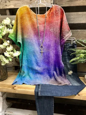 Multicolor Simple Short Sleeve Round Neck Shirts & Tops