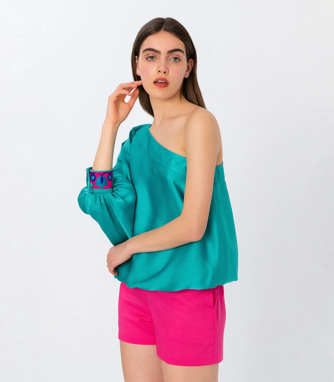 One Shoulder Silk Touch Top Emerald