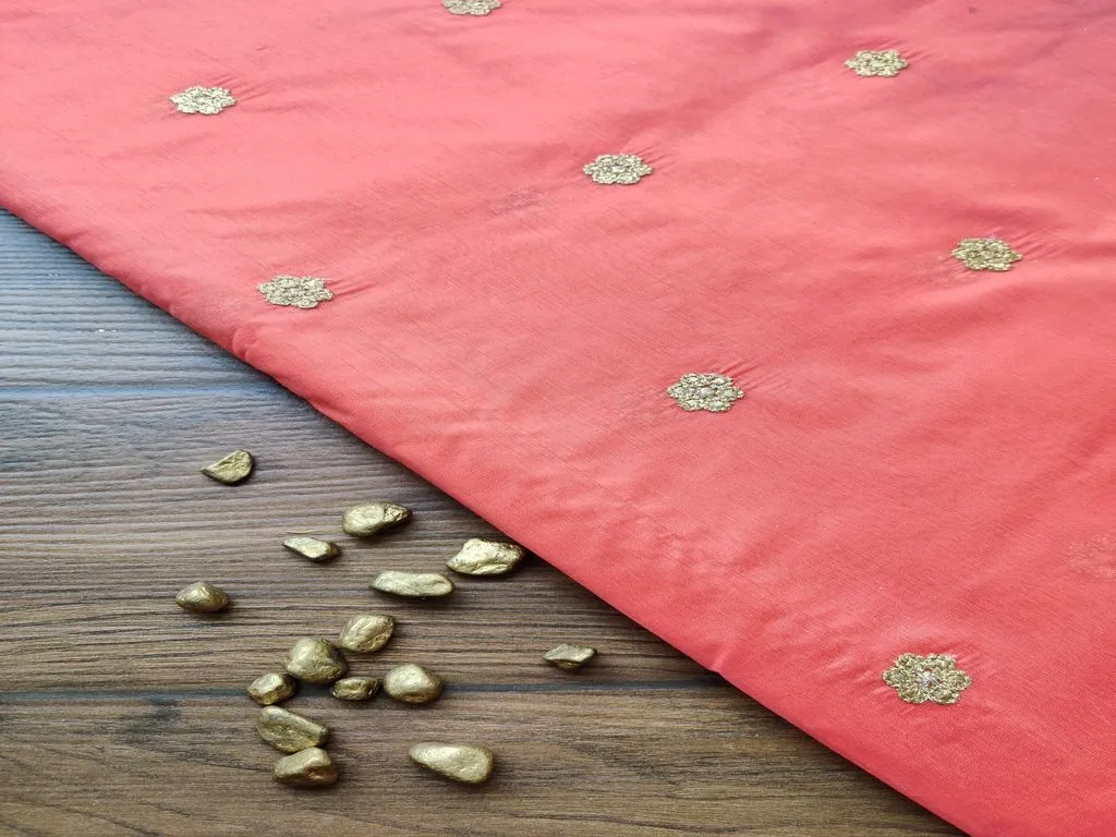 Orange & Golden Motifs Embroidered Chanderi Silk Fabric (Wholesale)