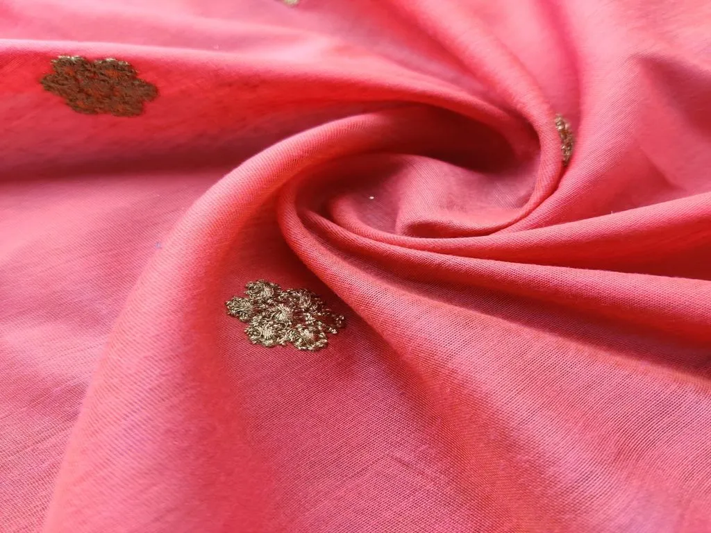 Orange & Golden Motifs Embroidered Chanderi Silk Fabric (Wholesale)