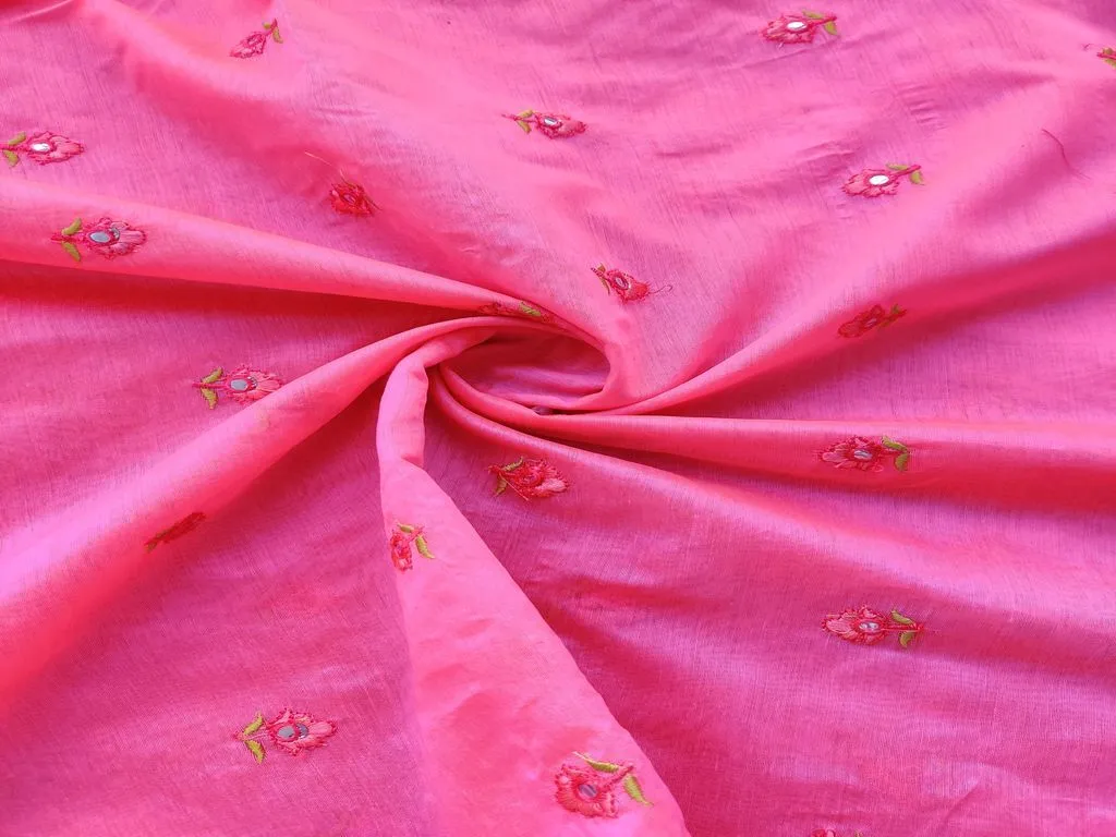 Pink Floral Mirror Work Embroidered Chanderi Fabric