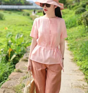 Pink Orange Linen Blouse Simple Style Shirts Summer Tops SMM9508