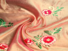 Pink Yellow Floral Embroidered Chanderi Fabric