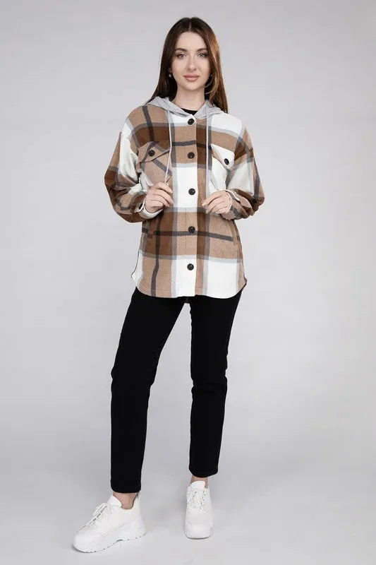 Plaid Drawstring Hooded Fleece Shacket