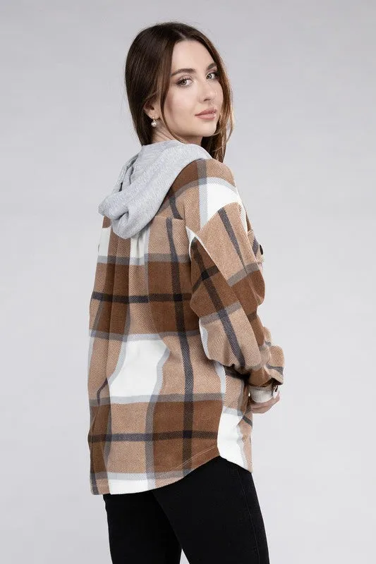 Plaid Drawstring Hooded Fleece Shacket