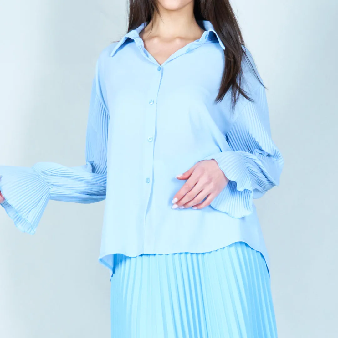 Pleated sleeve button-up blouse wholesale