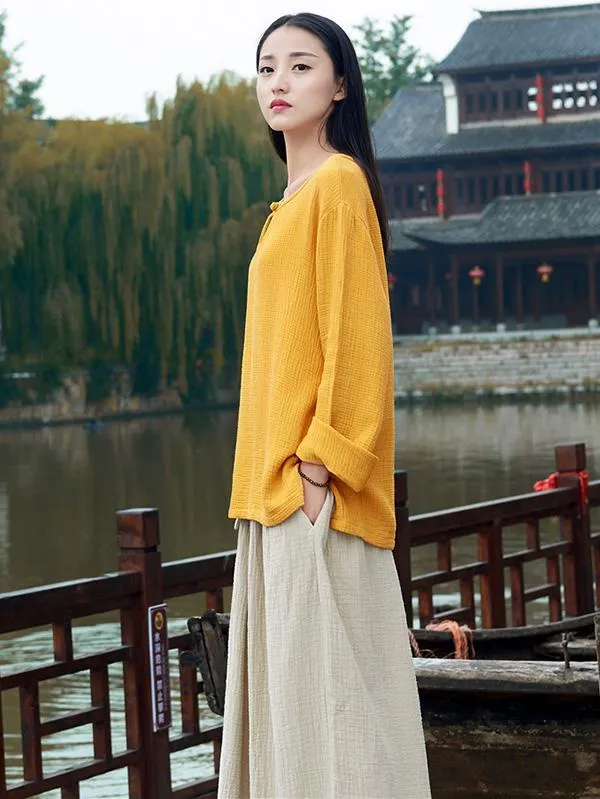 Round-neck Linen Cotton Long Sleeves Tops