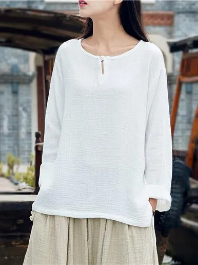 Round-neck Linen Cotton Long Sleeves Tops