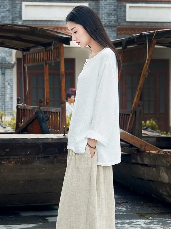 Round-neck Linen Cotton Long Sleeves Tops