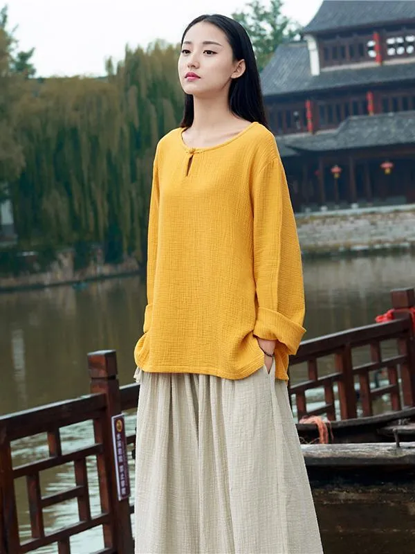 Round-neck Linen Cotton Long Sleeves Tops