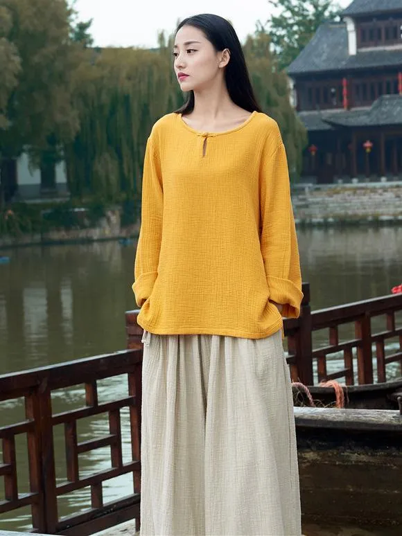 Round-neck Linen Cotton Long Sleeves Tops