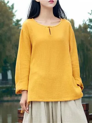 Round-neck Linen Cotton Long Sleeves Tops